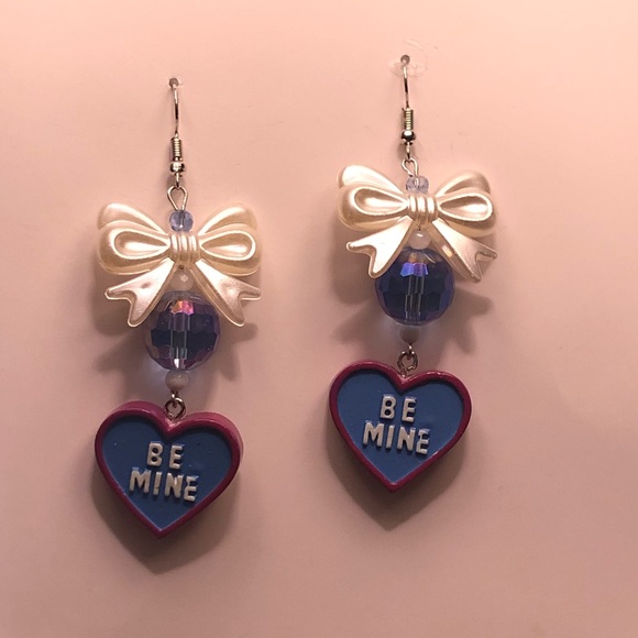 nice vs naughty Jewelry - Conversation heart blue bow earrings